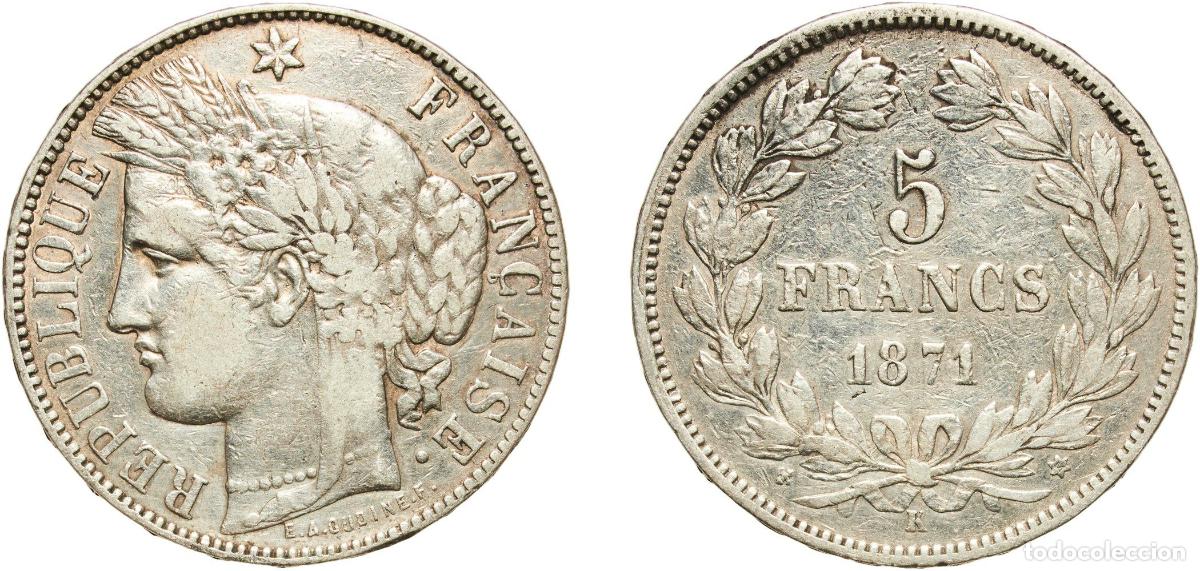 Monedas antiguas de Europa: France Third Republic 1871 K 5 Francs Silver (.900) Bordeaux Mint (604313) 24.71g VF Franc 2014 332