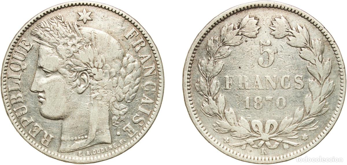 Monedas antiguas de Europa: France Third Republic 1870 A 5 Francs Silver (.900) Paris Mint (1185100) 24.74g VF Franc 2014 333/1