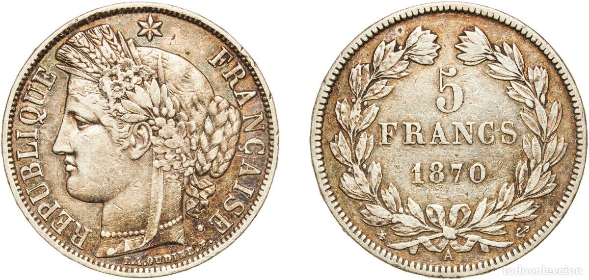 Monedas antiguas de Europa: France Third Republic 1870 A 5 Francs Slight patina Silver (.900) Paris Mint 24.83g XF Franc 2014 3