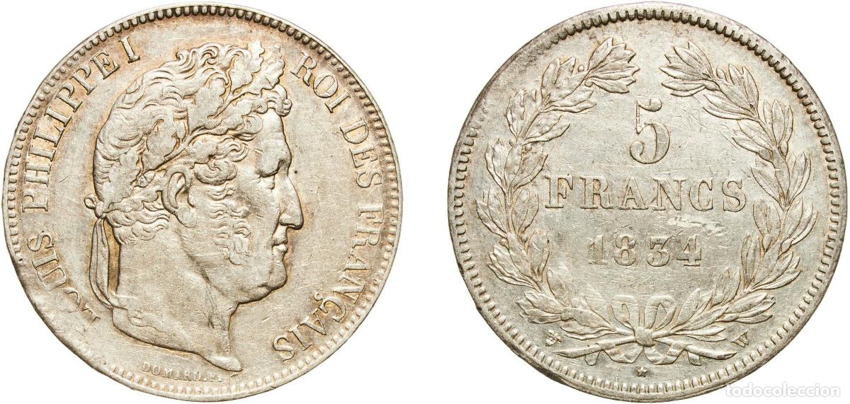 Monedas antiguas de Europa: France Kingdom 1834 W 5 Francs - Louis-Philippe I Silver (.900) Lille Mint (11729892) 25.09g XF KM