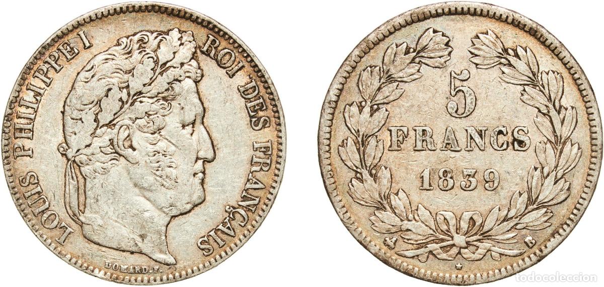 Monedas antiguas de Europa: France Kingdom 1839 B 5 Francs - Louis-Philippe I Silver (.900) Rouen Mint (3465886) 24.95g XF KM