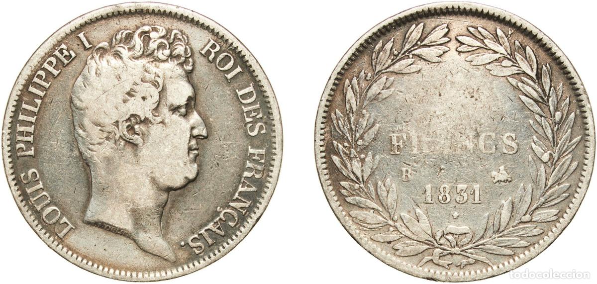 Monedas antiguas de Europa: France Kingdom 1831 B 5 Francs - Louis-Philippe (with I - relief edge) Silver (.900) Rouen Mint 24.