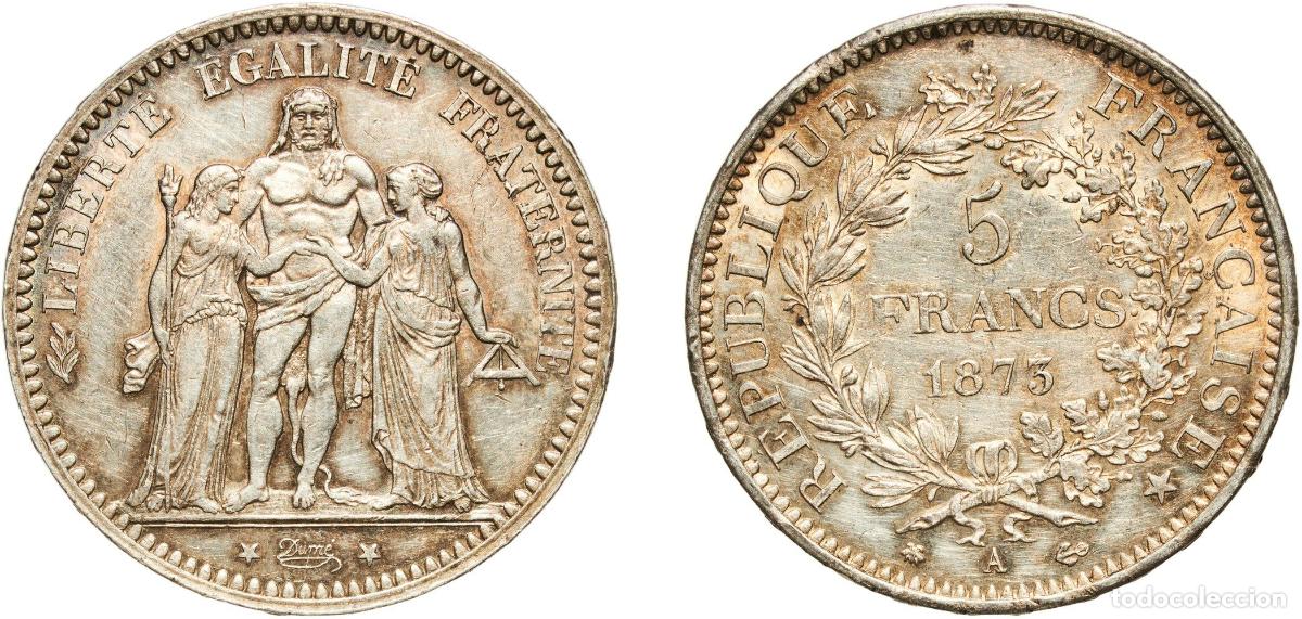 Monedas antiguas de Europa: France Third Republic 1873 A 5 Francs Silver (.900) Paris Mint (27192181) 24.94g AU Franc 2014 334/