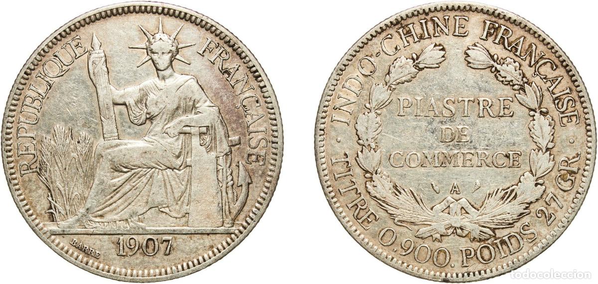 Monedas antiguas de Europa: French Indochina French colony 1907 A 1 Piastre Silver (.900) (Copper .100) Paris Mint (14062000) 2