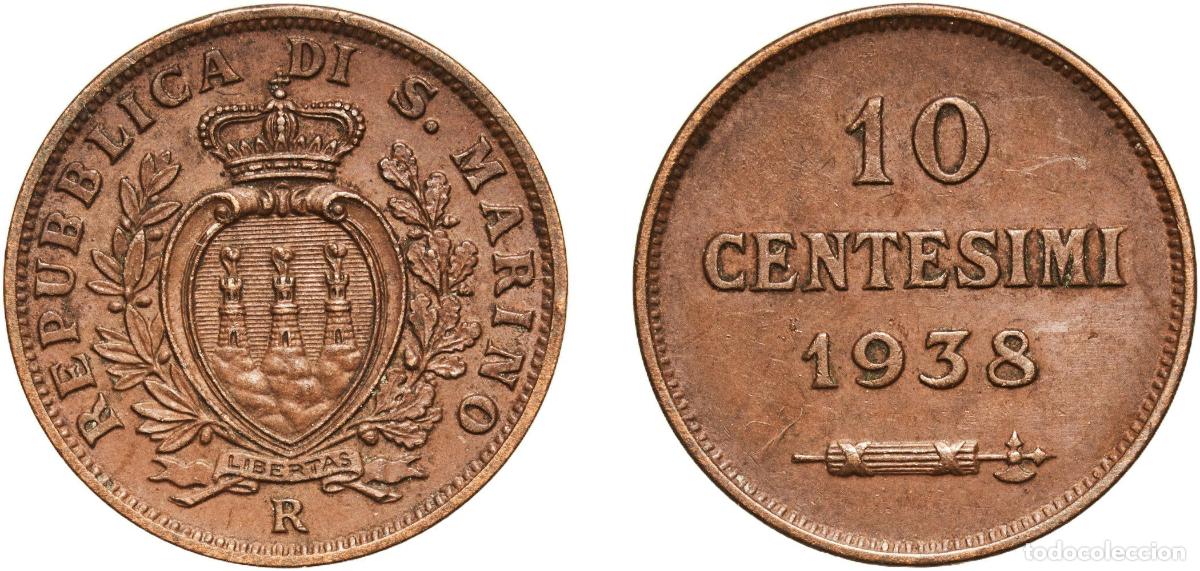 Monedas antiguas de Europa: San Marino Republic 1938 R 10 Centesimi Bronze Rome Mint (400000) 5.45g AU KM 13