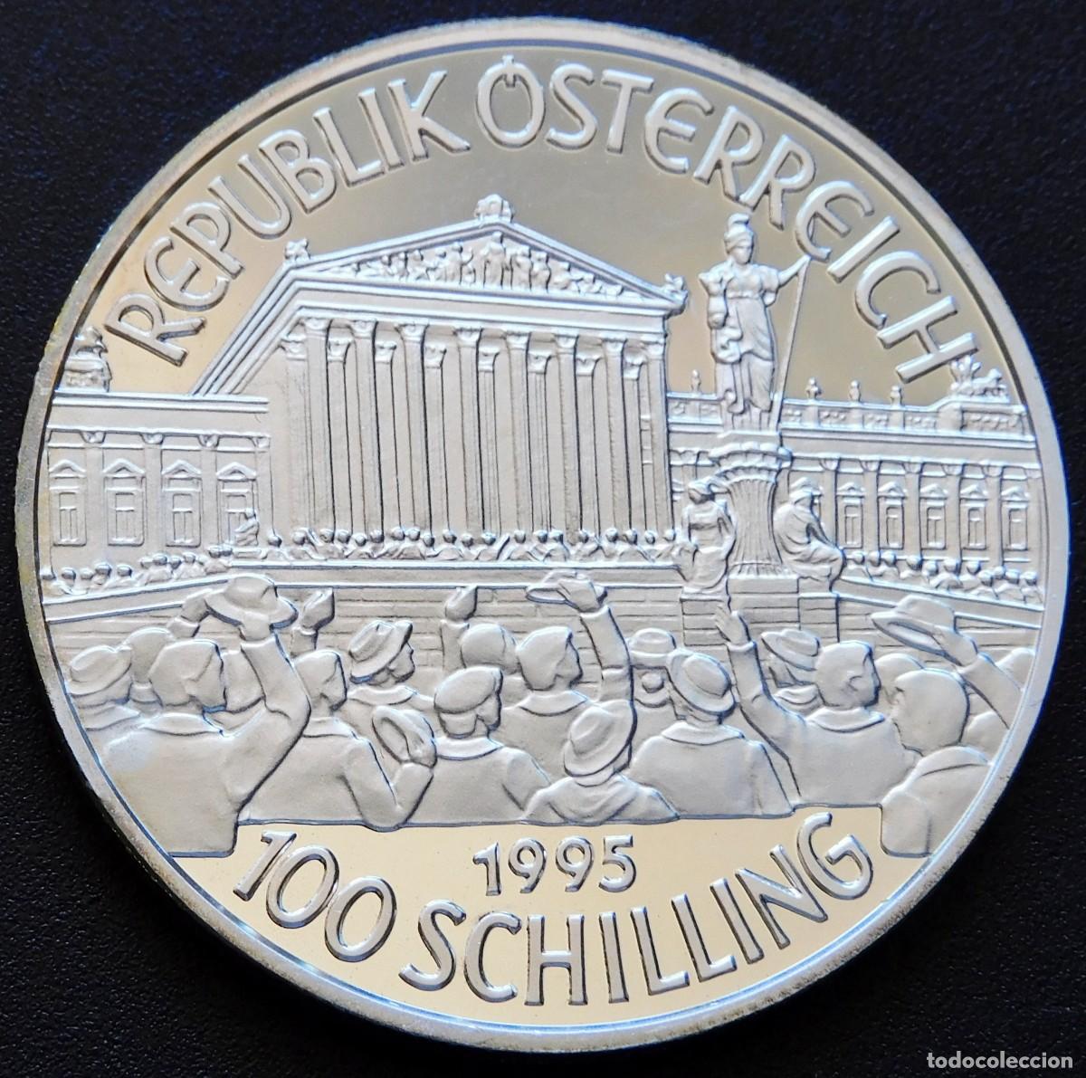 Old Coins of Europe: MONEDA AUSTRIA 10O CHELINES 1995 - ERSTE REPUBLIK (PRIMERA REP&Uacute;BLICA) PLATA PROOF. ESCASA