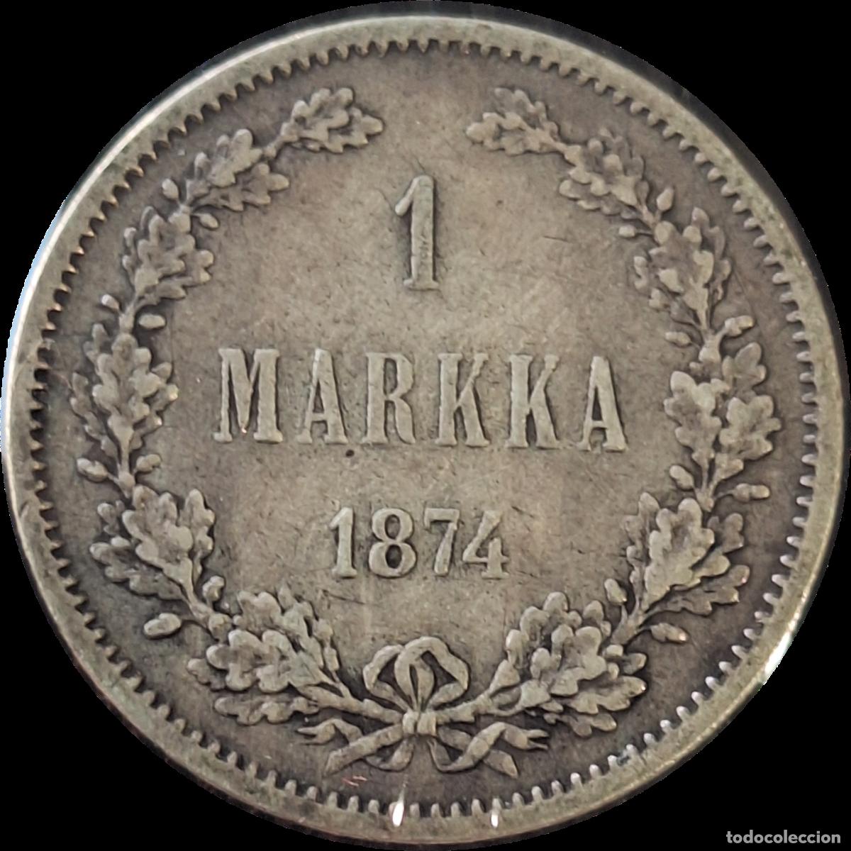 Monete antiche di Europa: PLATA. Finlandia ocupaci&oacute;n rusa. 1 marco 1874. Zar Alejandro II. Escasa