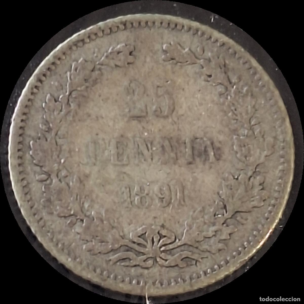 Monete antiche di Europa: PLATA. Finlandia ocupaci&oacute;n rusa. 25 pennia 1891. Zar Alejandro II. Escasa