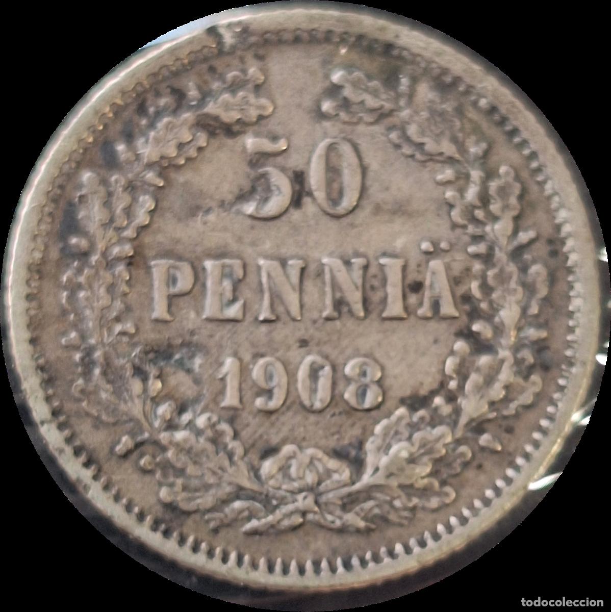 Monete antiche di Europa: PLATA. Finlandia ocupaci&oacute;n rusa. 50 pennia 1908. Zar Nicol&aacute;s II. Escasa