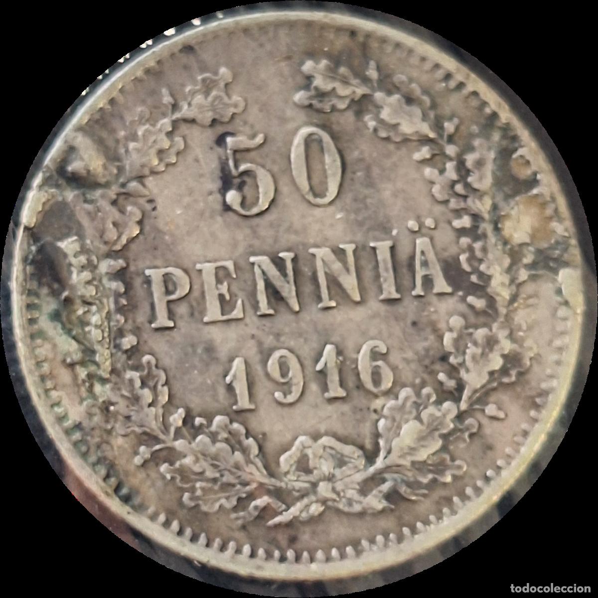 Old Coins of Europe: PLATA. Finlandia ocupaci&oacute;n rusa. 50 pennia 1916. Zar Nicol&aacute;s II. Escasa