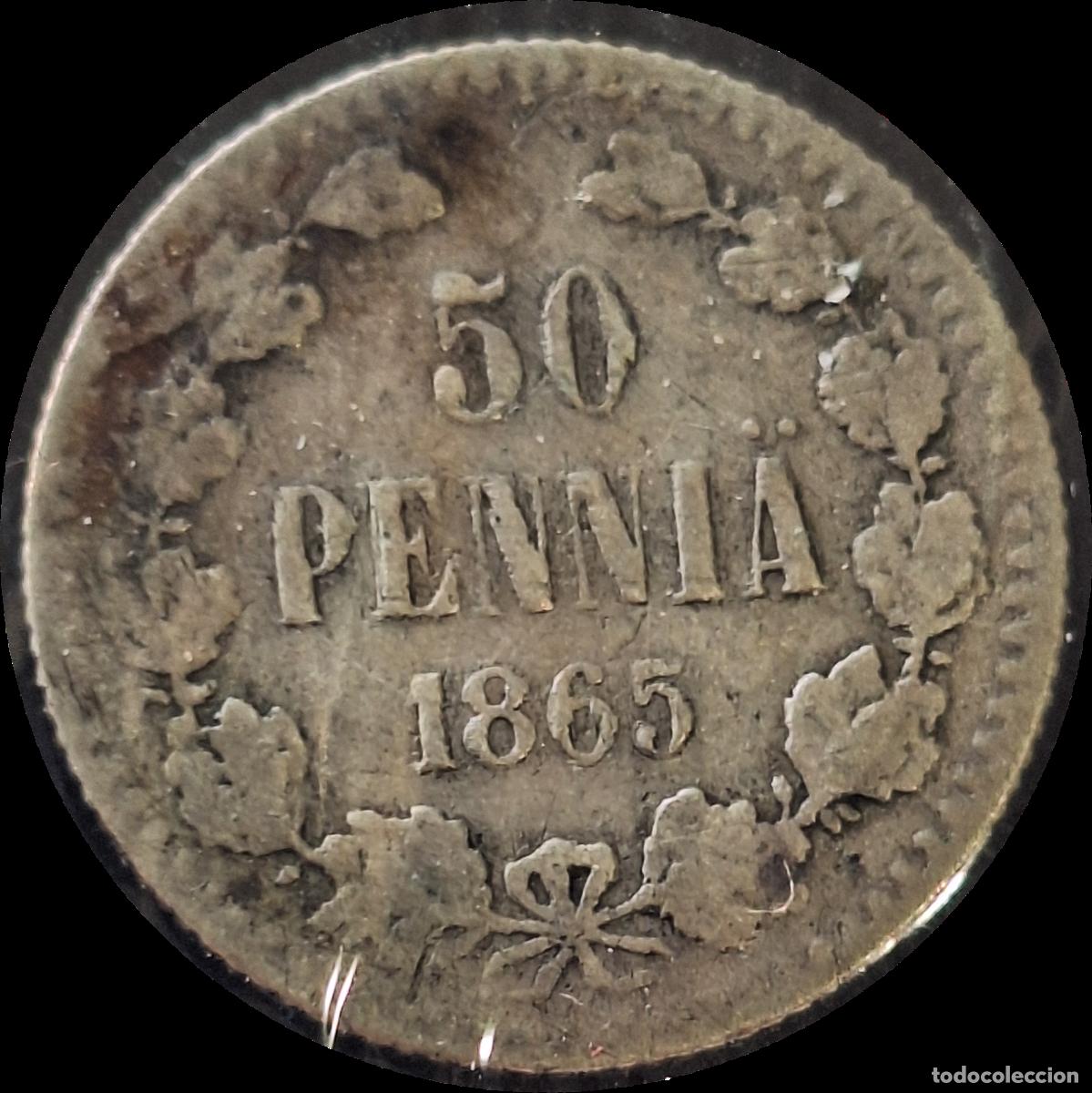 Monete antiche di Europa: PLATA. Finlandia ocupaci&oacute;n rusa. 50 pennia 1865. Zar Alejandro II. Escasa