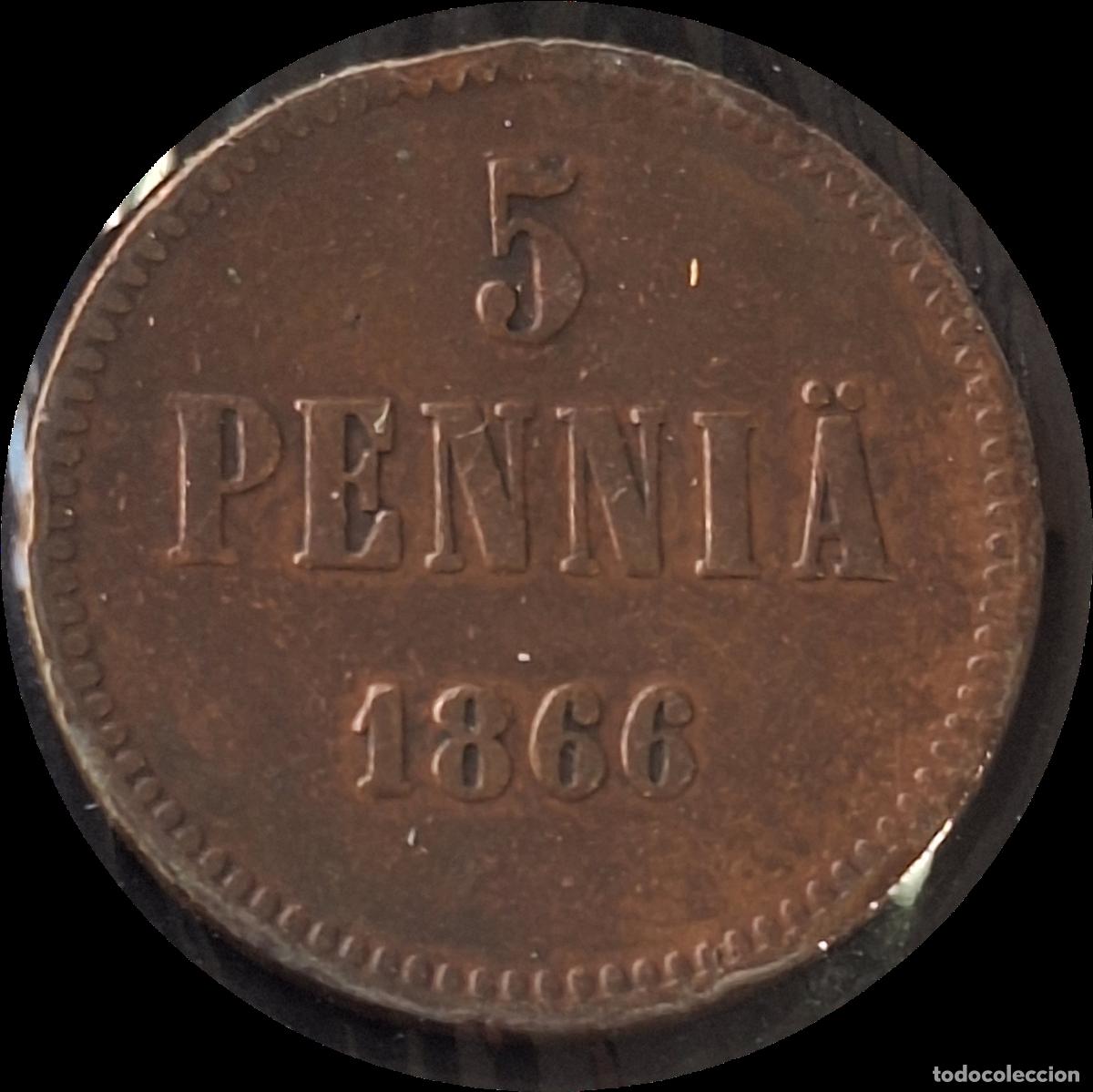 Monete antiche di Europa: Finlandia ocupaci&oacute;n rusa. 5 pennia 1866. Zar Alejandro II. Escasa