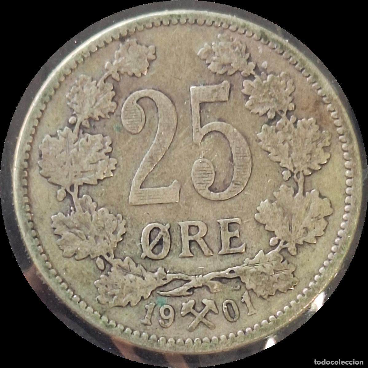Old Coins of Europe: PLATA. Noruega. 25 ore 1901. Oscar II. Muy rara.