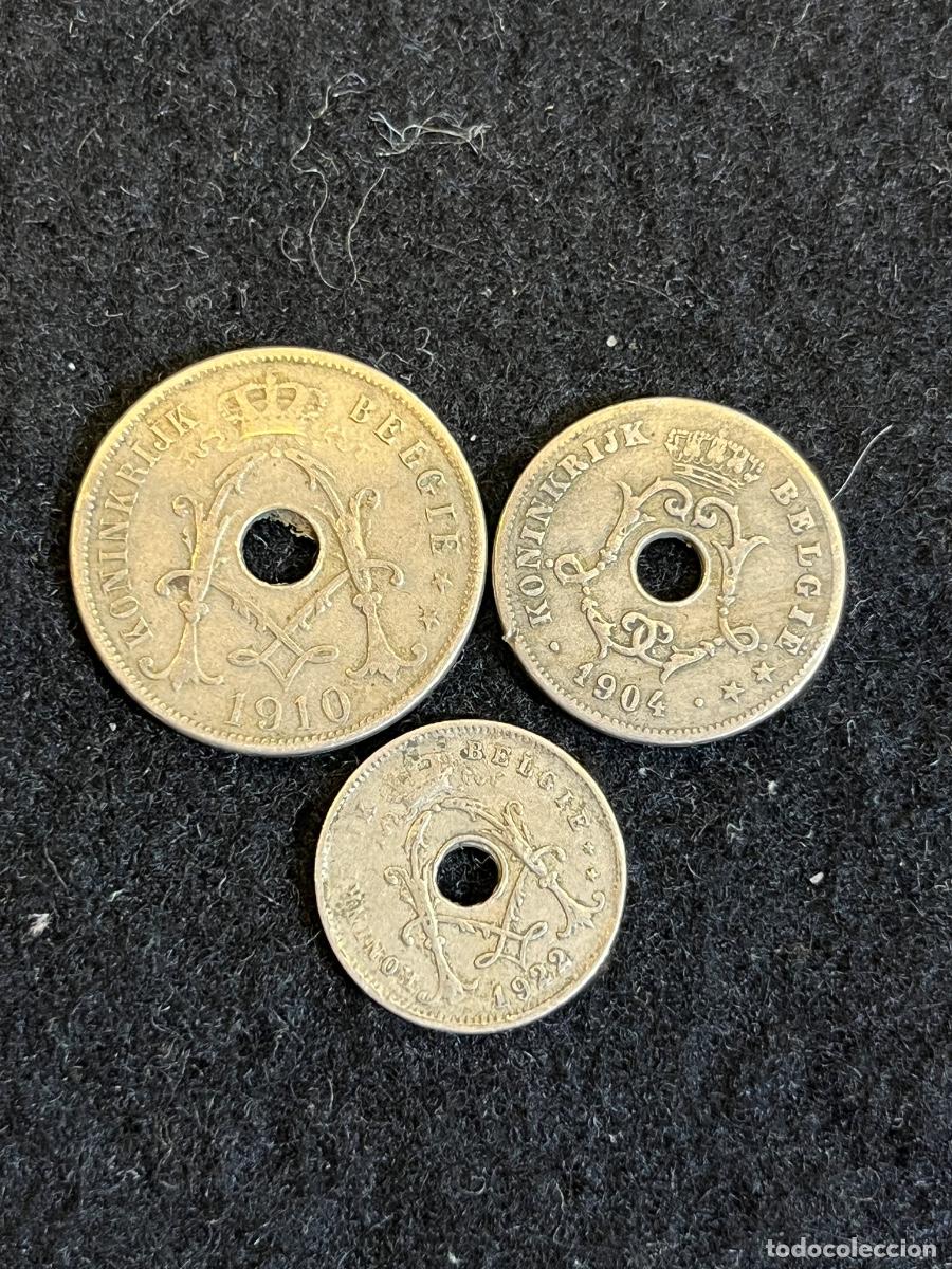 Monete antiche di Europa: Lote de 3 monedas perforadas B&eacute;lgica 1904 1910 y 1922 &ndash; 10, 25 y 5 C&eacute;ntimos &ndash; Reino de B&eacute;lgica