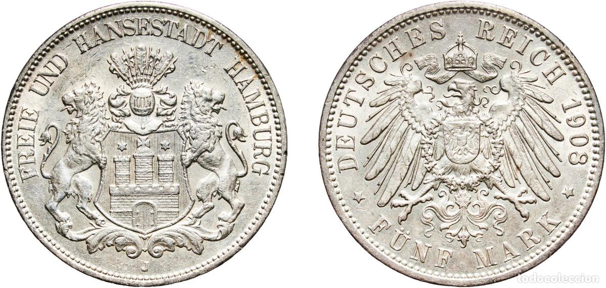 Monete antiche di Europa: Germany Free Hanseatic city of Hamburg Second Empire 1908 J 5 Mark Original luster Silver (.900) (4