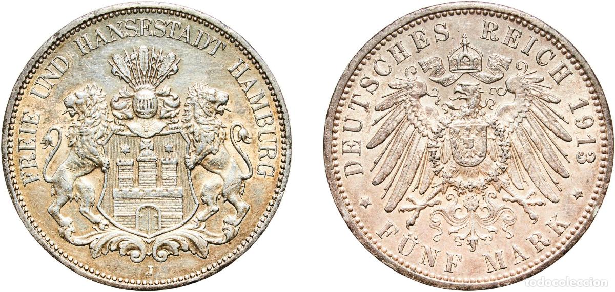 Monete antiche di Europa: Germany Free Hanseatic city of Hamburg Second Empire 1913 J 5 Mark Original luster Silver (.900) (3