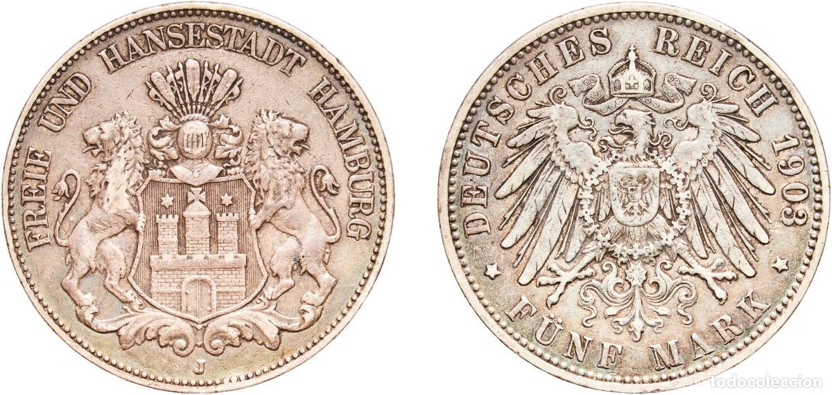 Monete antiche di Europa: Germany Free Hanseatic city of Hamburg Second Empire 1903 J 5 Mark Silver (.900) (588000) 27.67g XF