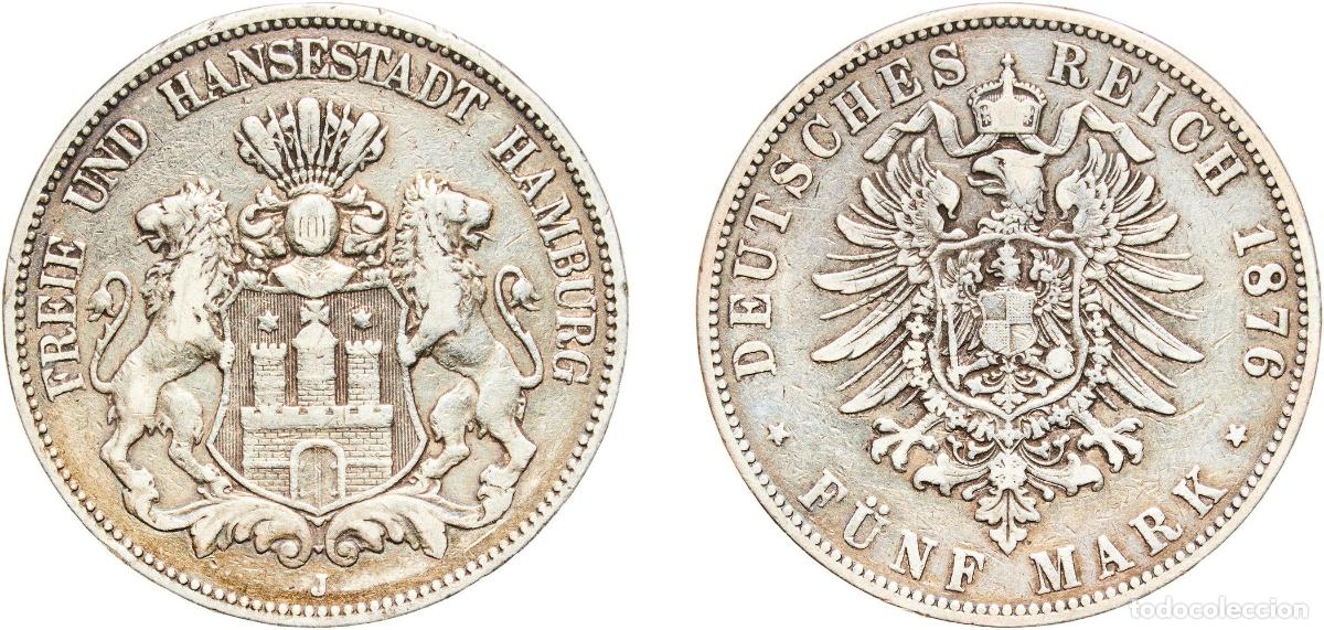 Monete antiche di Europa: Germany Free Hanseatic city of Hamburg German states 1876 J 5 Mark Silver (.900) Hamburg Mint (9300