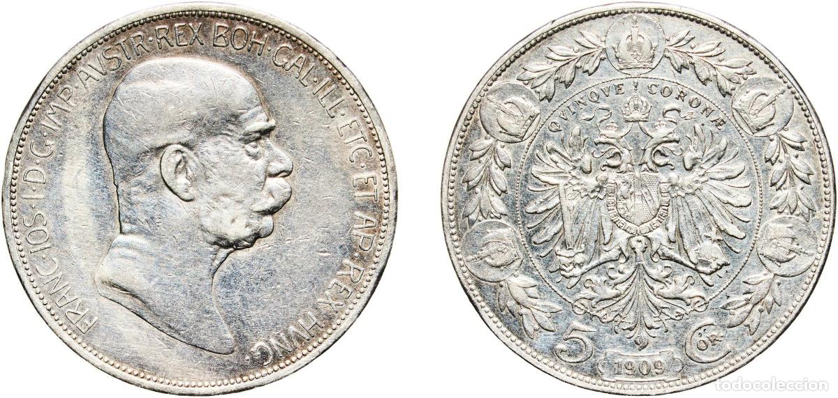 Monete antiche di Europa: Austria Empire 1909 5 Corona - Franz Joseph I Silver (.900) (1775787) 24g XF KM 2814 Sch&ouml;n 16 Dav