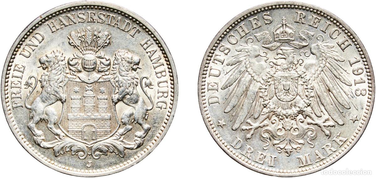 Monete antiche di Europa: Germany Free Hanseatic city of Hamburg Second Empire 1913 J 3 Mark Original luster Silver (.900) (3