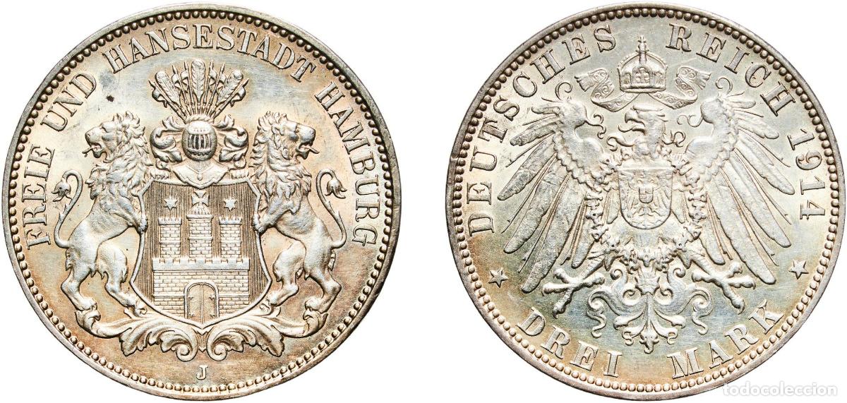 Monete antiche di Europa: Germany Free Hanseatic city of Hamburg Second Empire 1914 J 3 Mark Original luster Silver (.900) (5