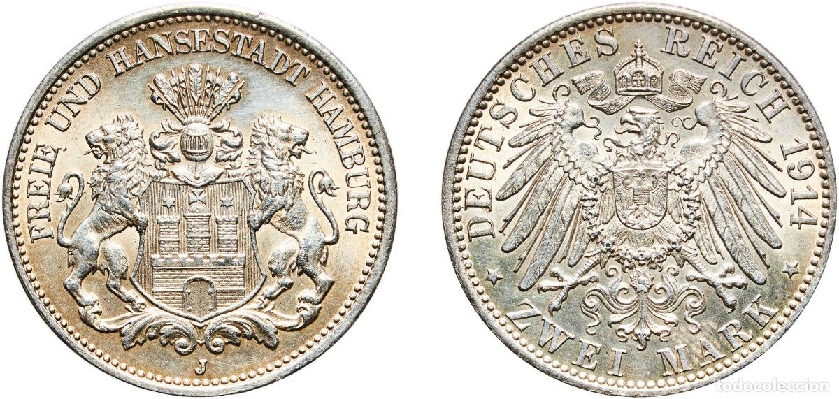 Monete antiche di Europa: Germany Free Hanseatic city of Hamburg Second Empire 1914 J 2 Mark Original luster Silver (.900) (3