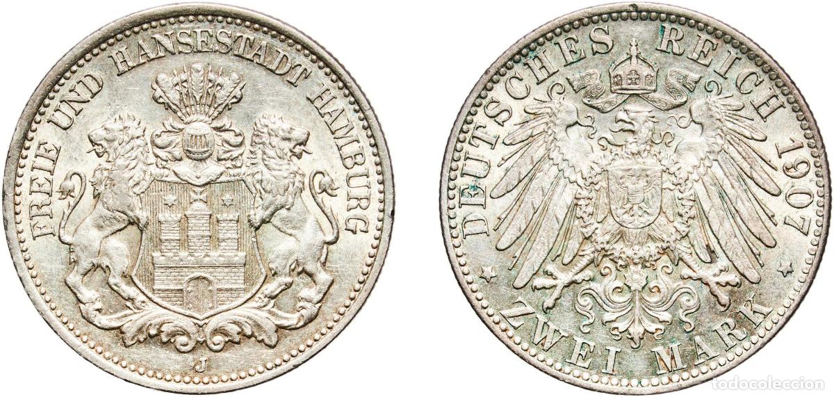 Monete antiche di Europa: Germany Free Hanseatic city of Hamburg Second Empire 1907 J 2 Mark Original luster Silver (.900) (1