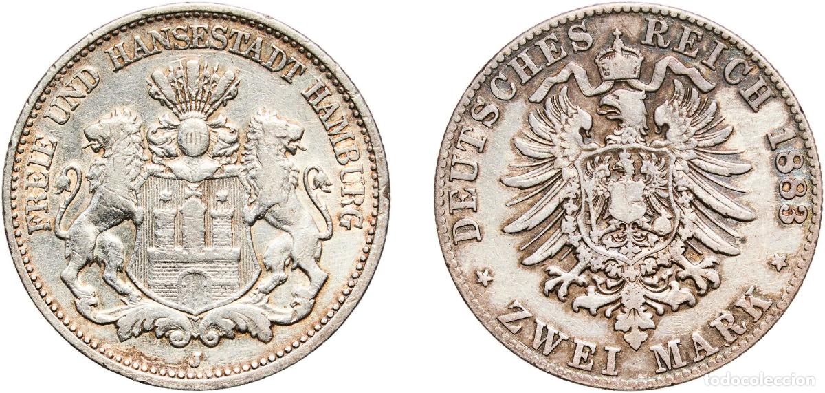Monete antiche di Europa: Germany Free Hanseatic city of Hamburg German states 1883 J 2 Mark Silver (.900) (60000) 11g XF KM