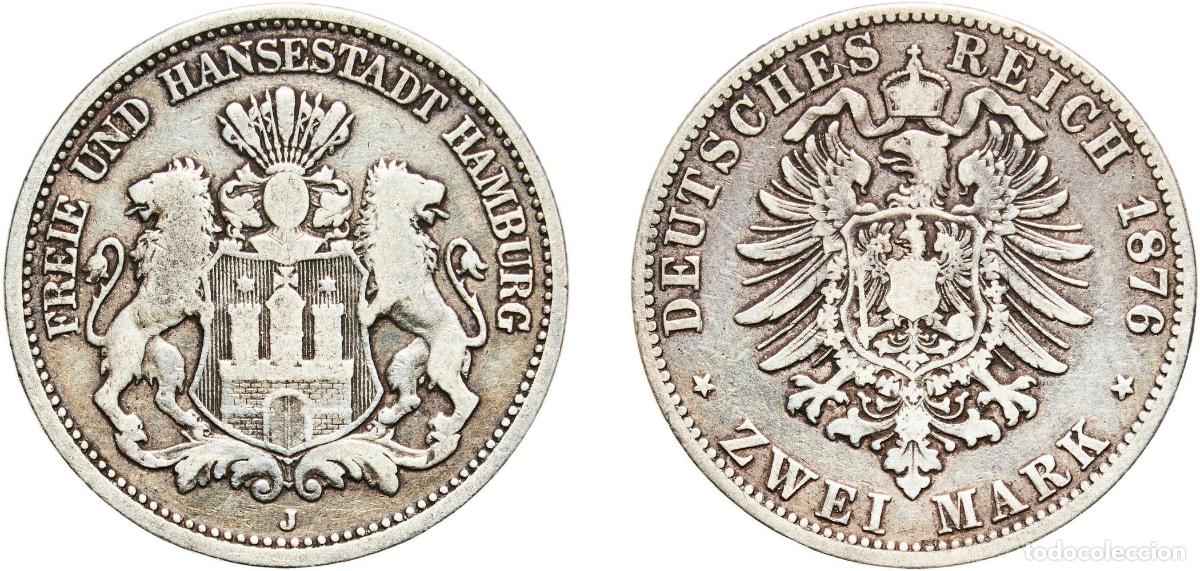 Monete antiche di Europa: Germany Free Hanseatic city of Hamburg German states 1876 J 2 Mark Silver (.900) (2325000) 10.88g V
