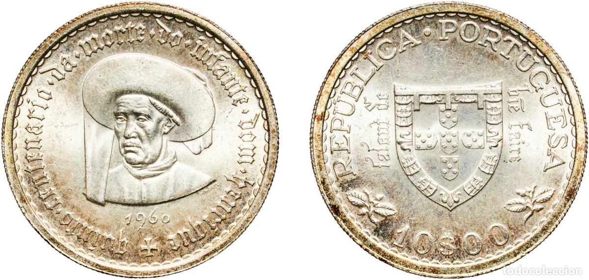 Monete antiche di Europa: Portugal Second Republic 1960 10 Escudos (Prince Henry the Navigator) Silver (.680) (320 Copper) Li