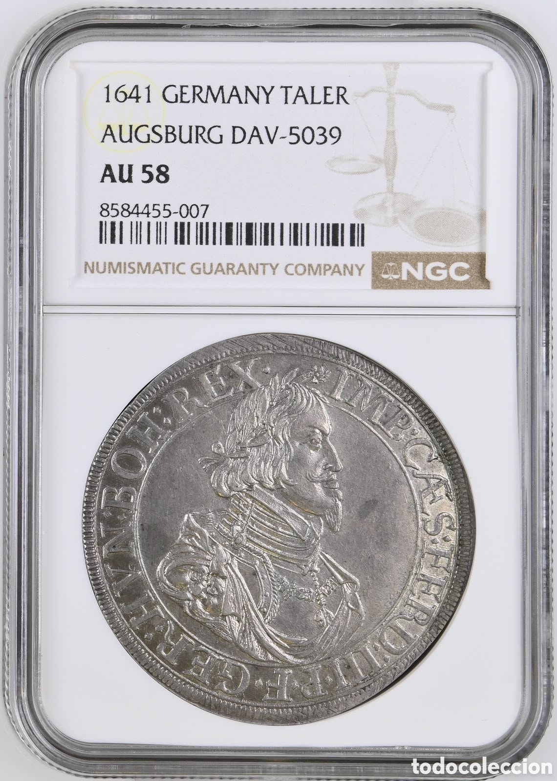 Monete antiche di Europa: Thaler de plata Fernando III a&ntilde;o 1641 encapsulado por NGC AU58 Ausburg