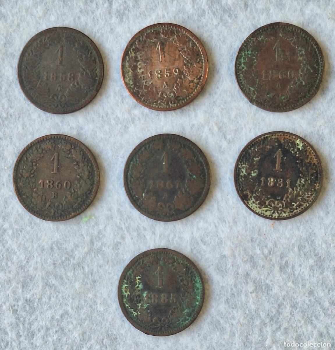 Monnaies anciennes de Europe: Austria Hungr&iacute;a. Lote de siete monedas 1 kreuzer. Entre 1858 y 1885.