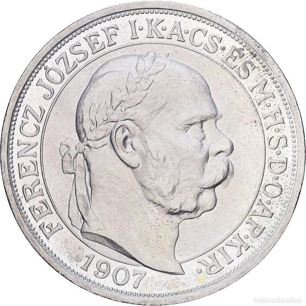 Old Coins of Europe: [#1547650] Hungr&iacute;a, Franz Joseph I, 5 Korona, 1907, Kremnica, Plata, EBC+, KM:489
