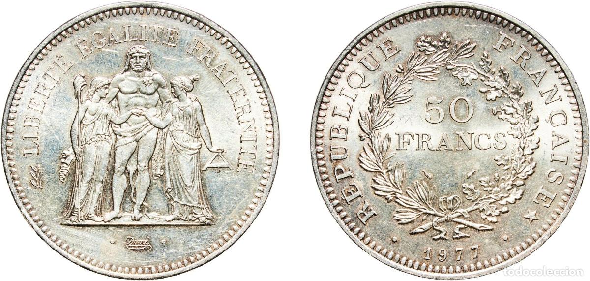 Moedas antigas da Europa: France Fifth Republic 1977 50 Francs Silver (.900) (Copper .100) Paris Mint (7884011) 30.04g UNC Fr