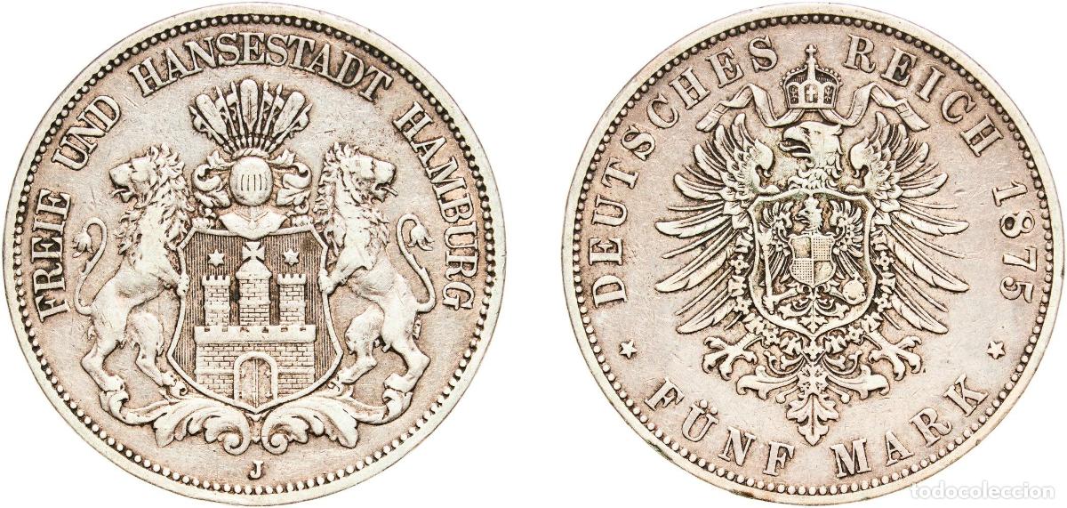Old Coins of Europe: Germany Free Hanseatic city of Hamburg German states 1875 J 5 Mark Silver (.900) Hamburg Mint (2860
