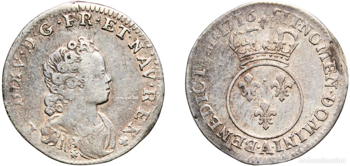 Moedas antigas da Europa: France Kingdom 1716 A ⅒ &Eacute;cu - Louis XV Silver (.917) Paris Mint 2.79g VF Dy royales 1654a KM 418 L