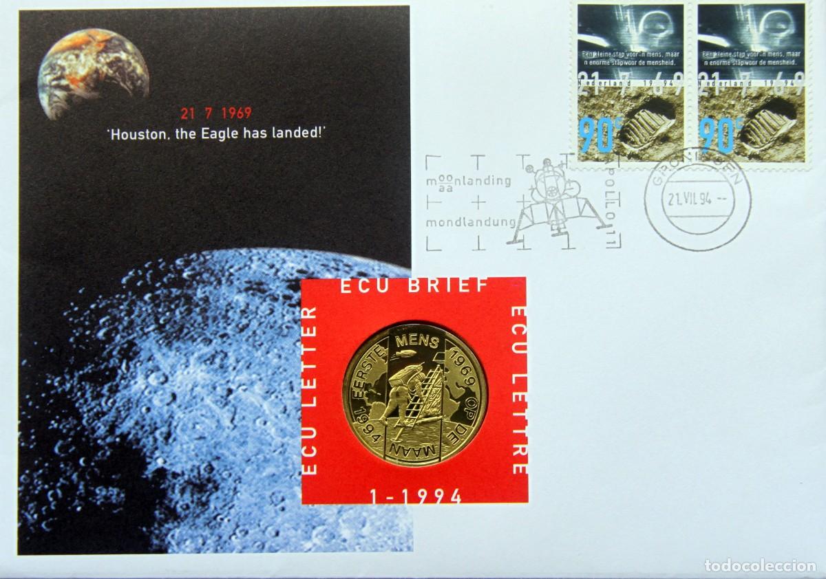 Moedas antigas da Europa: CARTA NUMISMATICA/MONEDA CONMEMORATIVA FDC HOLANDA 1 ECU 1994 ECU BRIEF n&deg;1 LLEGADA A LA LUNA