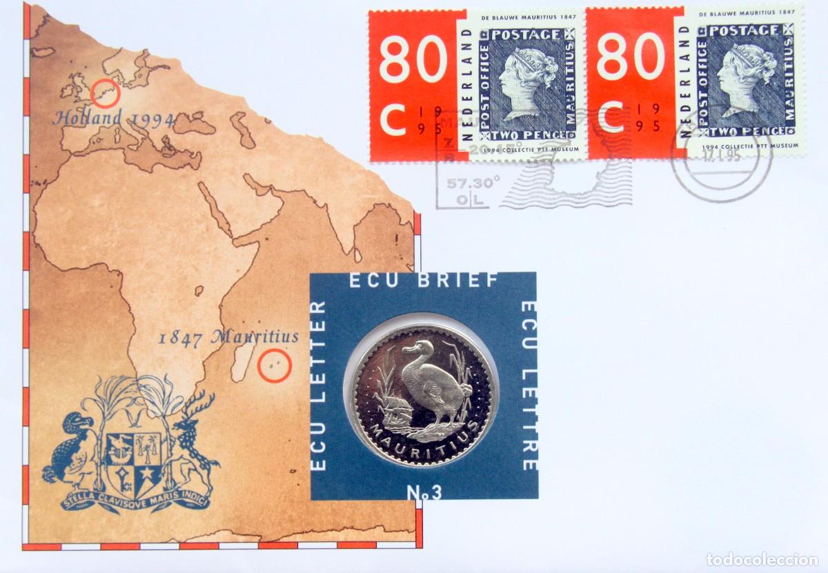 Old Coins of Europe: CARTA NUMISMATICA/MONEDA CONMEMORATIVA FDC HOLANDA 1 ECU 1995 ECU BRIEF n&deg;3 ISLA MAURICIO