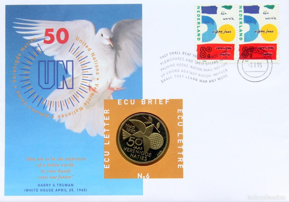 Monedas antiguas de Europa: CARTA NUMISMATICA/MONEDA CONMEMORATIVA FDC HOLANDA 1 ECU 1995 ECU BRIEF n&deg;6 50 A&Ntilde;OS ONU