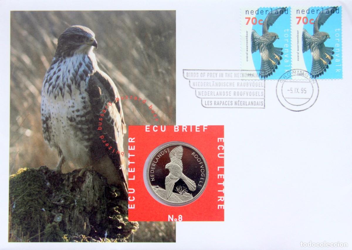 Old Coins of Europe: CARTA NUMISMATICA/MONEDA CONMEMORATIVA FDC HOLANDA 1 ECU 1995 ECU BRIEF n&deg;8 AVES RAPACES