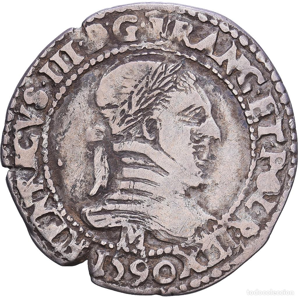Old Coins of Europe: [#1547811] Francia, Henri III, 1/4 Franc au col plat, 1590, Toulouse, Plata, BC+