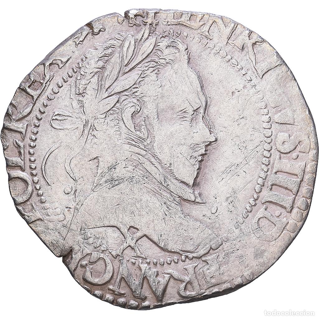 Moedas antigas da Europa: [#1547578] Francia, Henri III, Demi Franc, 1587, Amiens, Plata, BC+, Gadoury:487