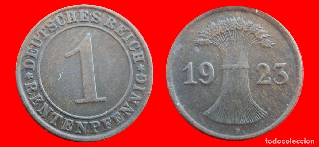 Moedas antigas da Europa: 1 RENTENPFENNIG 1923F WEIMAR ALEMANIA-156653