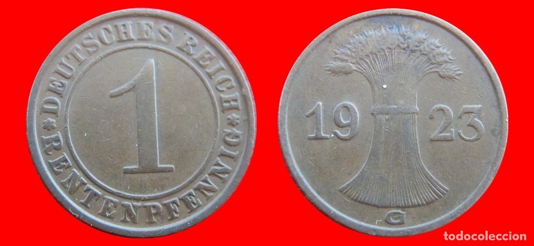 Moedas antigas da Europa: 1 RENTENPFENNIG 1923G WEIMAR ALEMANIA-156654
