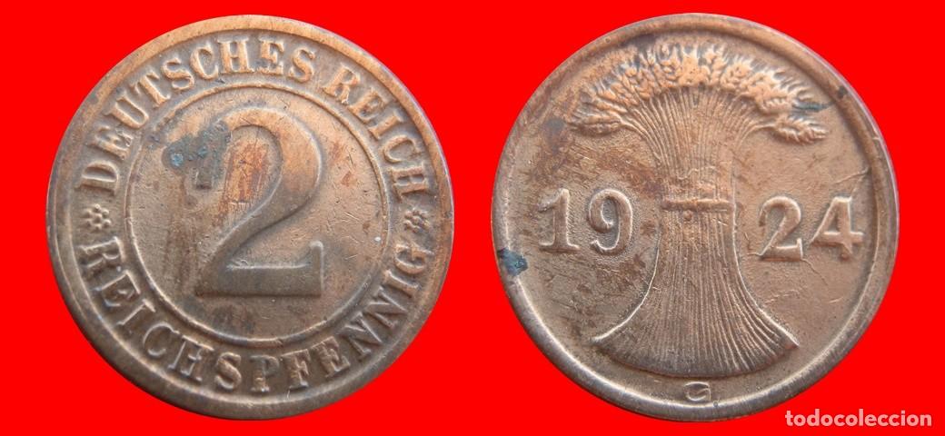 Moedas antigas da Europa: 2 REICHSPFENNIG 1924G WEIMAR ALEMANIA-156657