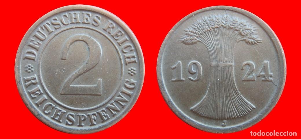 Moedas antigas da Europa: 2 REICHSPFENNIG 1924J WEIMAR ALEMANIA-156658