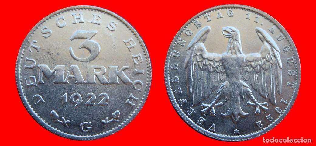 Monnaies anciennes de Europe: 3 MARCOS 1922G KM-29 WEIMAR ALEMANIA-156670