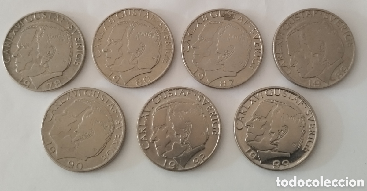 Old Coins of Europe: LOTE DE 7 MONEDAS DE 1 CORONA SUECIA 1978-1980-1987-1989-1990-1992 Y 1999 (FOTOS)