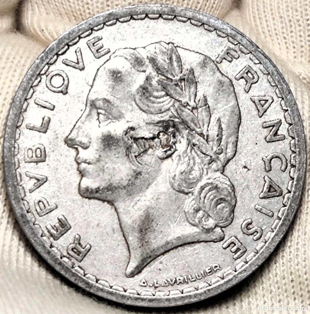 Moedas antigas da Europa: Francia 5 francos, 1945 Cuarta Rep&uacute;blica Aluminio Gris Lote 1031