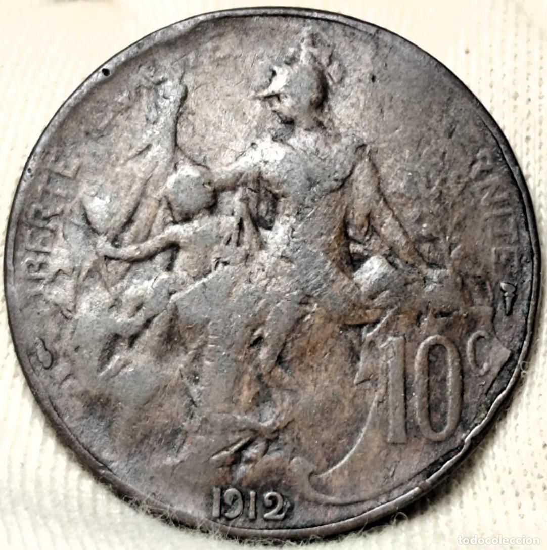 Moedas antigas da Europa: Francia 10 c&eacute;ntimos, 1912 Tercera Rep&uacute;blica Bronce Lote 1036